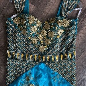 MNM Couture Teal and Gold Formal Mermaid Dress, size 16 fit 14-16
